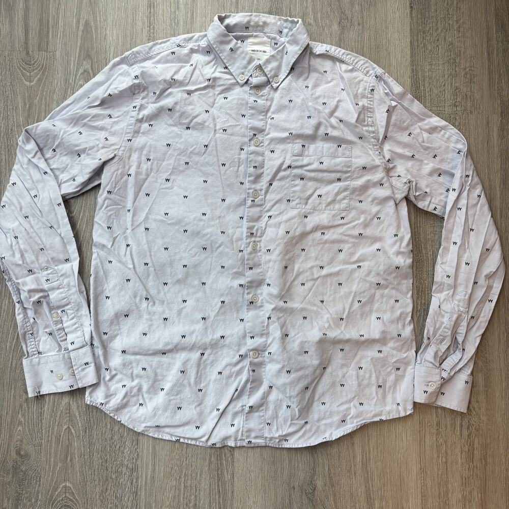Wood Wood Men's Logo Print Oxford Shirt Large White Black W Pattern